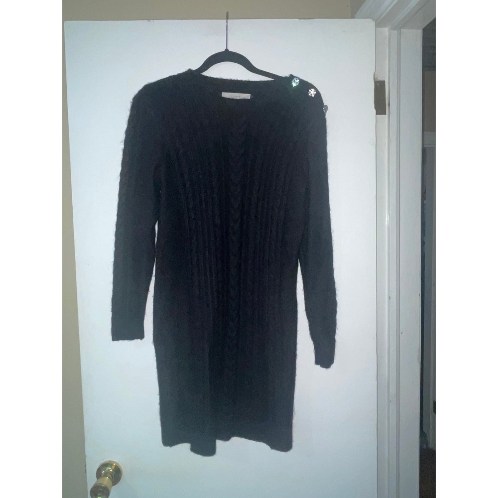 LOFT Womens Black Cable Knit Sweater Dress‎ Rhinestone Shoulder Detail Size S